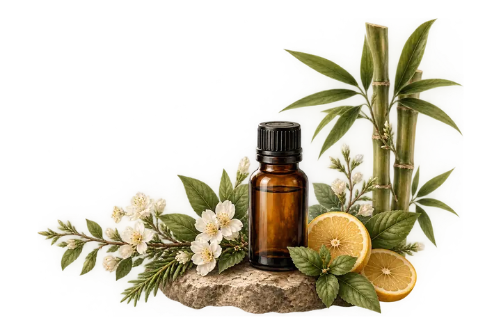 Arranjo botânico com frasco de óleo essencial, flores brancas, laranja e folhas