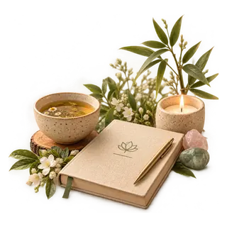 Xícara de chá, vela e caderno entre folhas e flores
