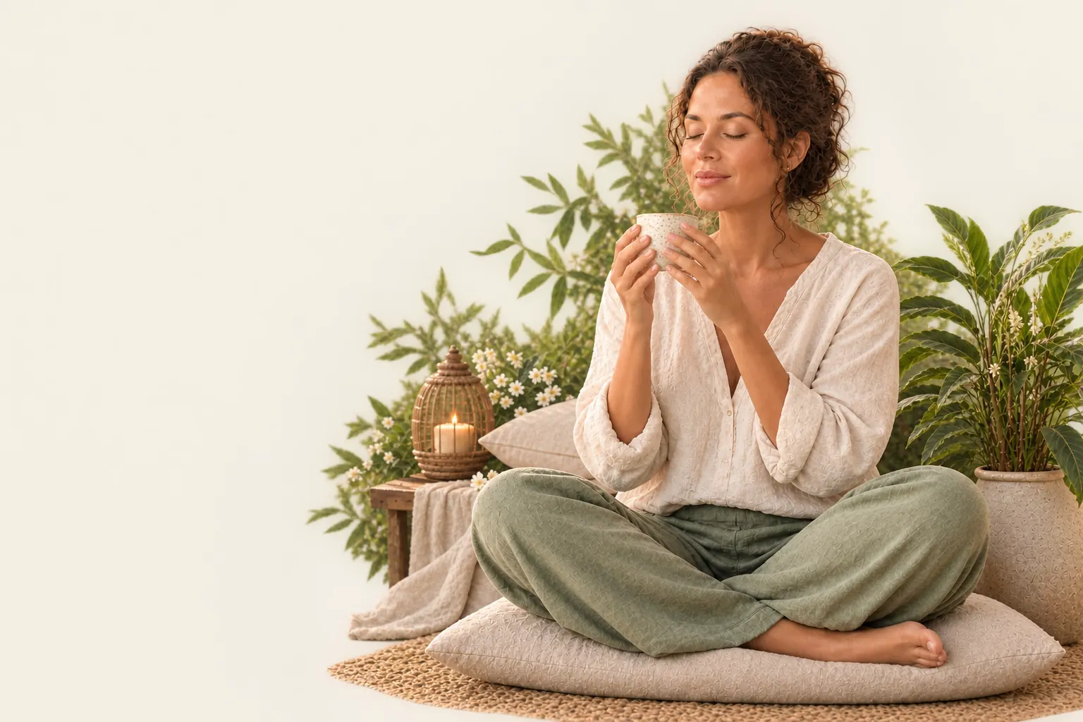 Mulher meditando sentada sobre uma almofada de linho, de olhos fechados, segurando uma xícara de chá entre plantas e uma vela
