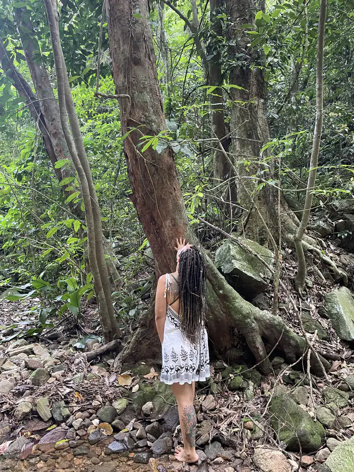Mulher de costas, descalça na mata, tocando com a mão o tronco de uma árvore