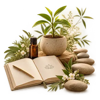 Caderno aberto, vaso com planta, frasco de óleo e pedras entre folhas